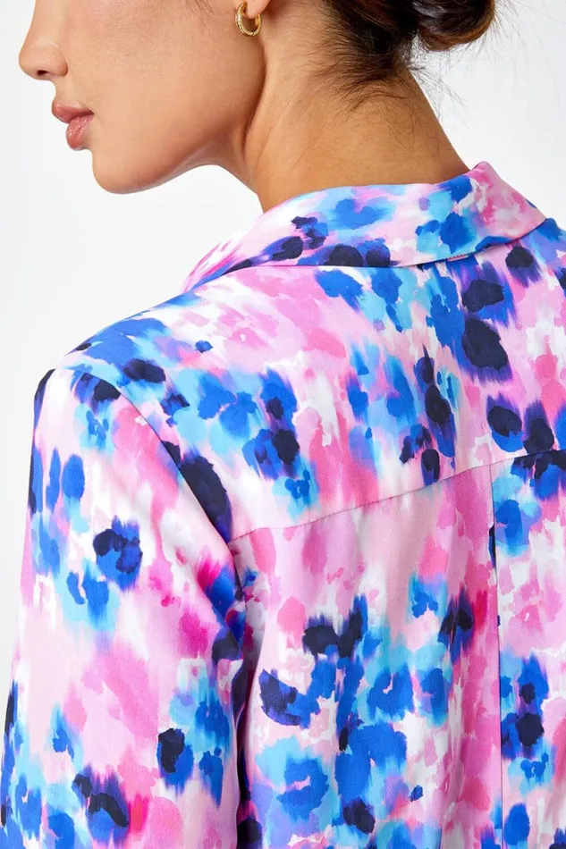 Women Pink Abstract Print Dropped Hem Blouse Roman Tops