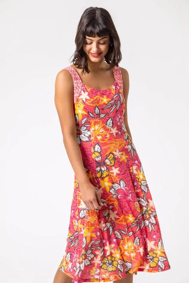 Women Pink Floral Print Fit And Flare Dress Roman Dresses