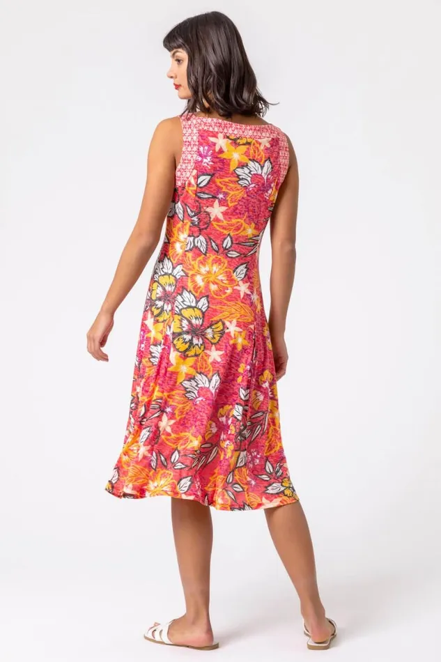Women Pink Floral Print Fit And Flare Dress Roman Dresses