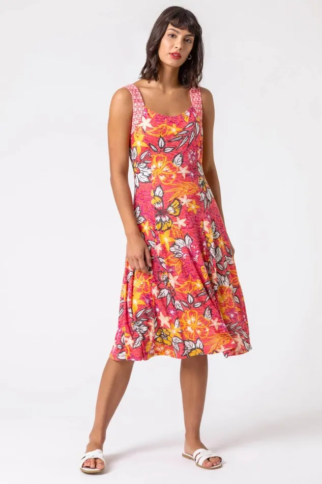 Women Pink Floral Print Fit And Flare Dress Roman Dresses