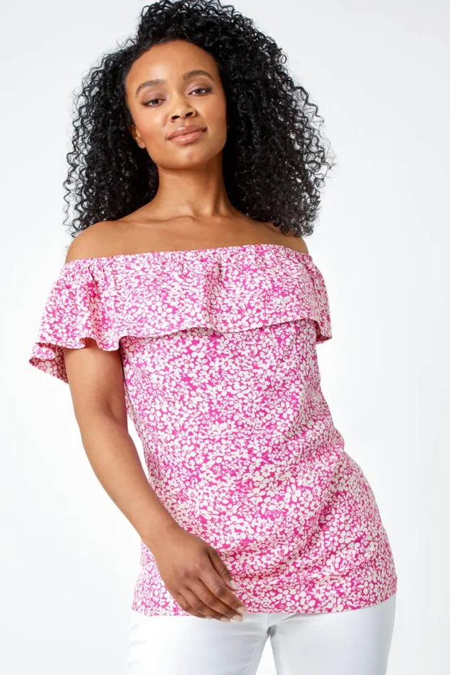 Women Pink Petite Ditsy Print Bardot Top Roman Tops