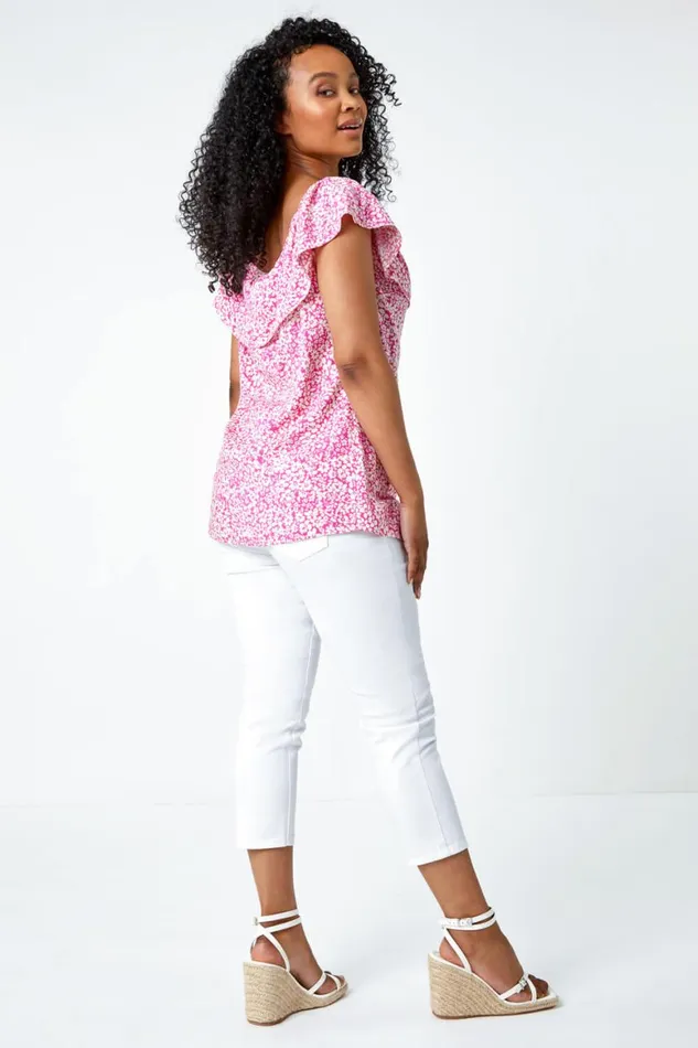 Women Pink Petite Ditsy Print Bardot Top Roman Tops