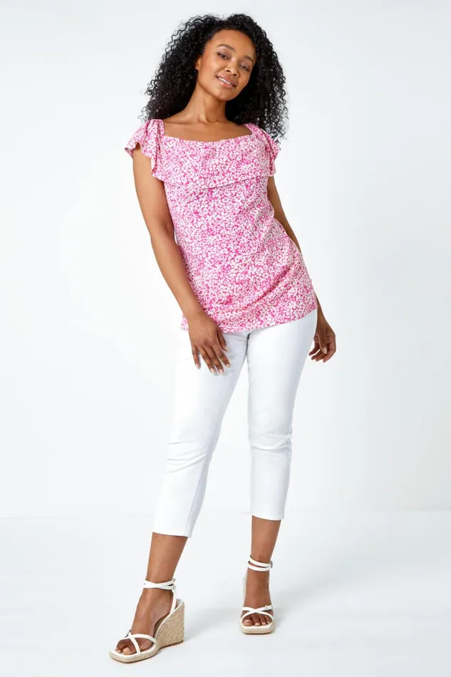 Women Pink Petite Ditsy Print Bardot Top Roman Tops