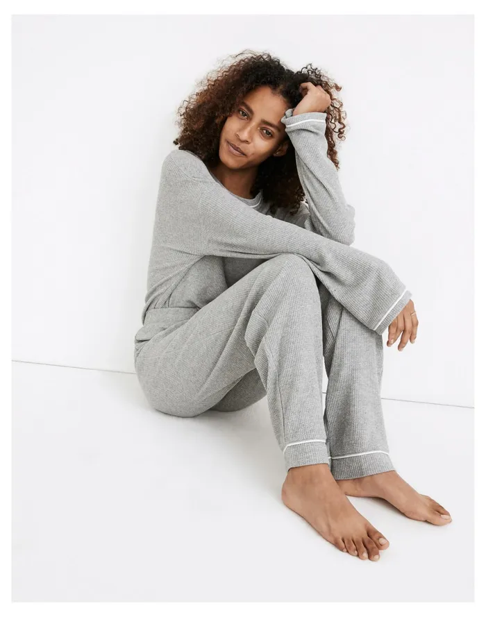 Women Piped Waffle Knit Pajama Set Salt And Pepper Heather Madewell Pajamas