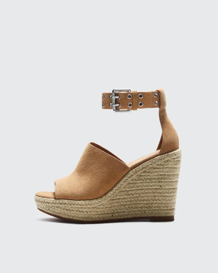 Women Rag and Bone Sandals Anteros Espadrille Wedge Oak Brown Suede