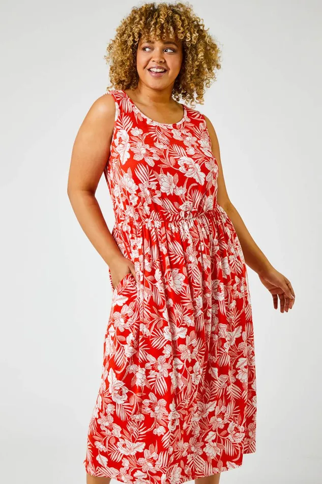 Women Red Curve Tropical Floral Print Maxi Dress Roman Dresses