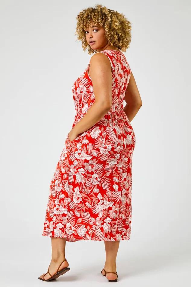 Women Red Curve Tropical Floral Print Maxi Dress Roman Dresses
