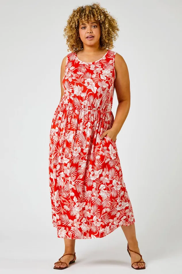 Women Red Curve Tropical Floral Print Maxi Dress Roman Dresses