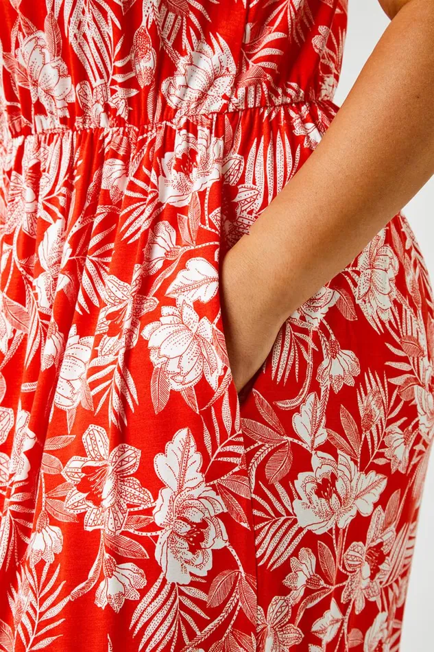 Women Red Curve Tropical Floral Print Maxi Dress Roman Dresses