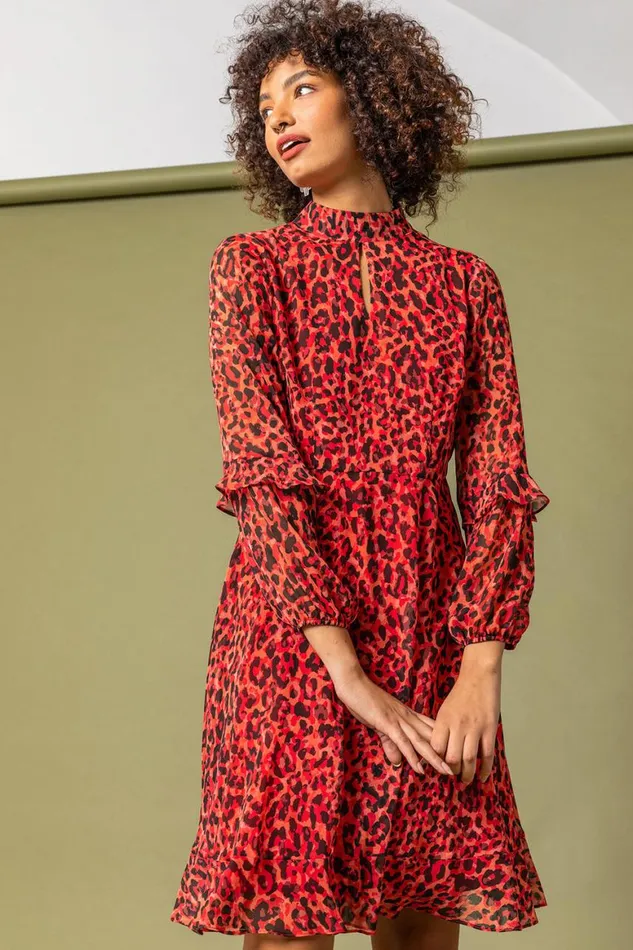 Women Red Leopard Print Frill Detail Chiffon Dress Roman Dresses
