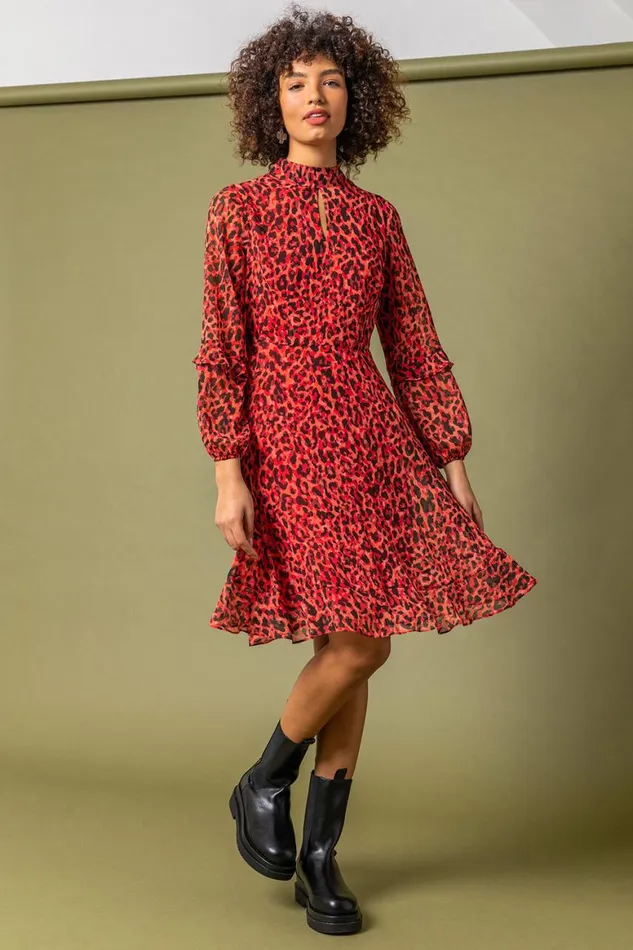Women Red Leopard Print Frill Detail Chiffon Dress Roman Dresses