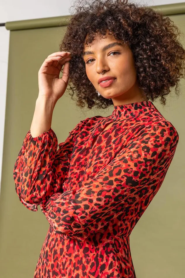 Women Red Leopard Print Frill Detail Chiffon Dress Roman Dresses