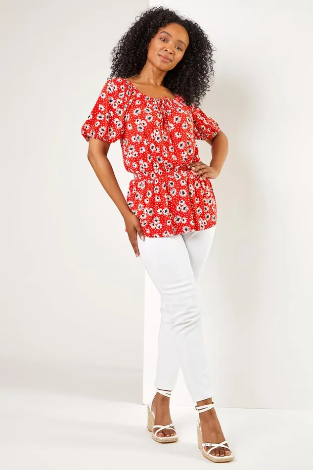 Women Red Petite Floral Print Shirred Waist Top Roman Tops