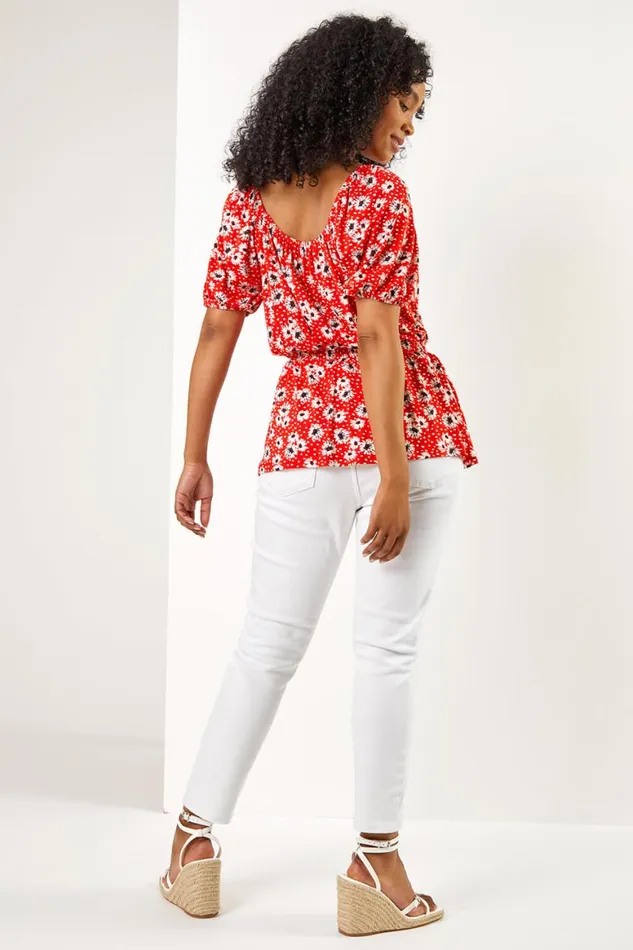 Women Red Petite Floral Print Shirred Waist Top Roman Tops