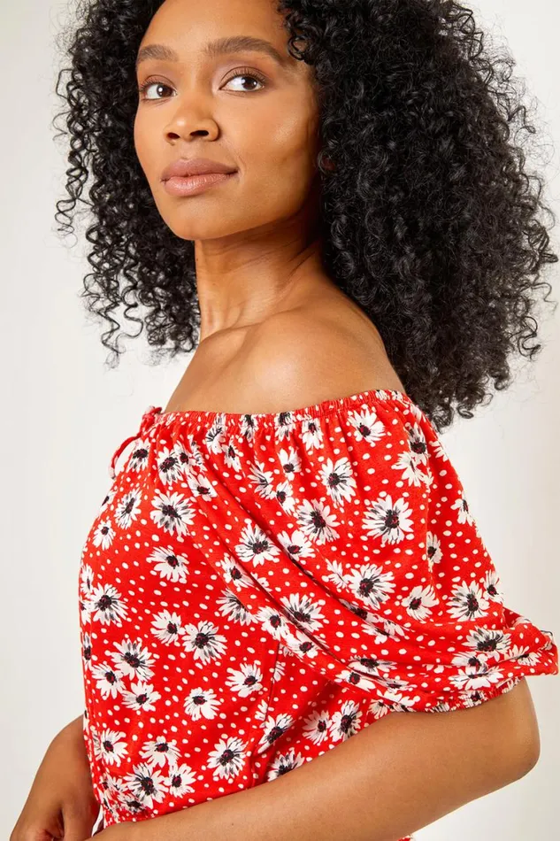 Women Red Petite Floral Print Shirred Waist Top Roman Tops