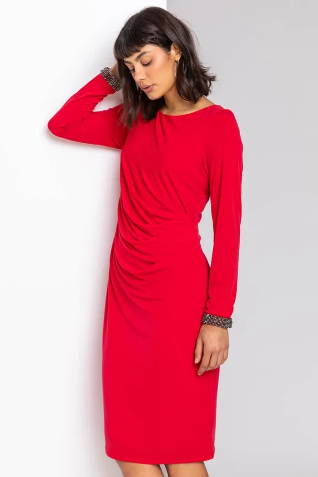 Women Red Sparkle Embellished Ruched Dress Roman Dresses