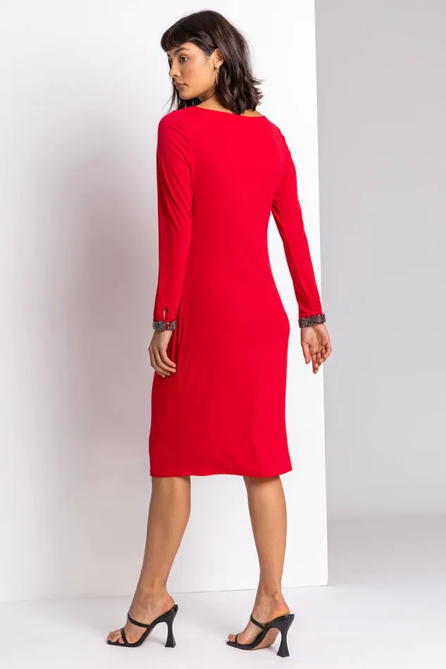 Women Red Sparkle Embellished Ruched Dress Roman Dresses