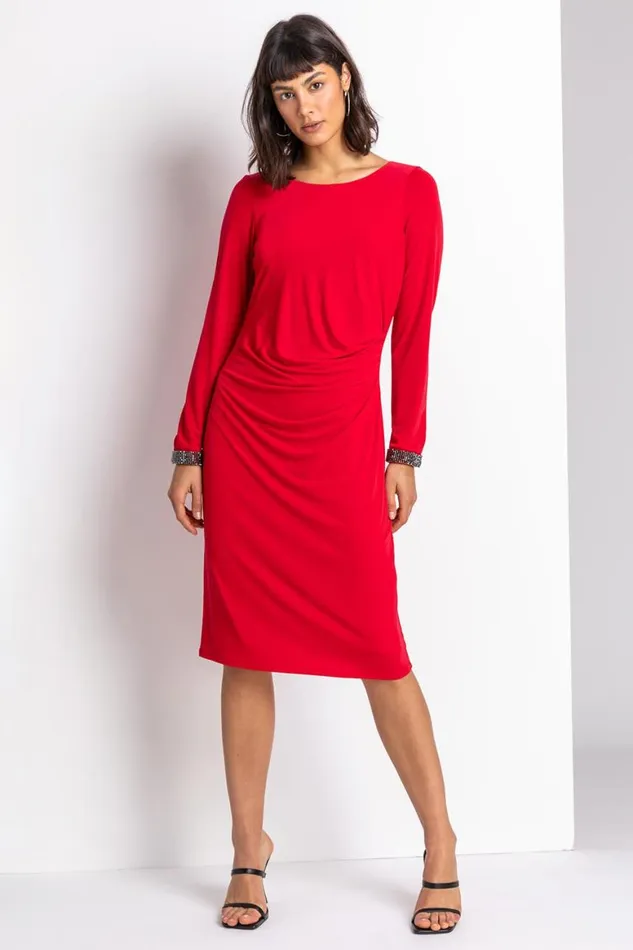 Women Red Sparkle Embellished Ruched Dress Roman Dresses