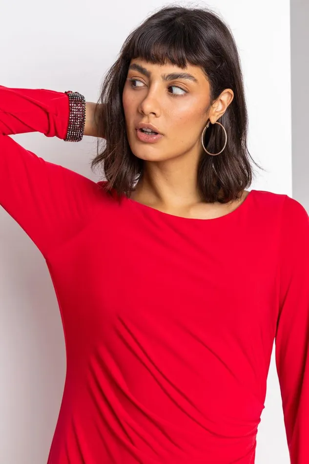 Women Red Sparkle Embellished Ruched Dress Roman Dresses