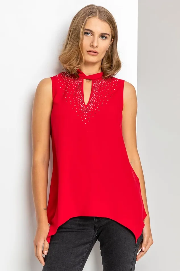 Women Red Sparkle High Neck Keyhole Top Roman Tops