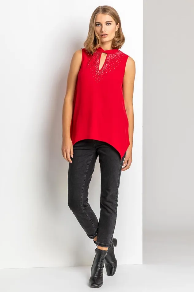 Women Red Sparkle High Neck Keyhole Top Roman Tops