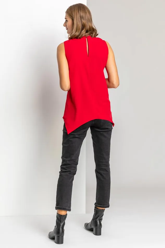 Women Red Sparkle High Neck Keyhole Top Roman Tops