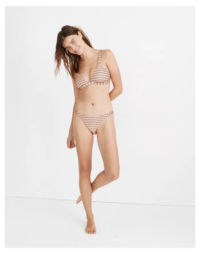 Women Ribbed Side Strap Bikini Bottom In Ombr Stripe Warm Nutmeg Madewell Swim