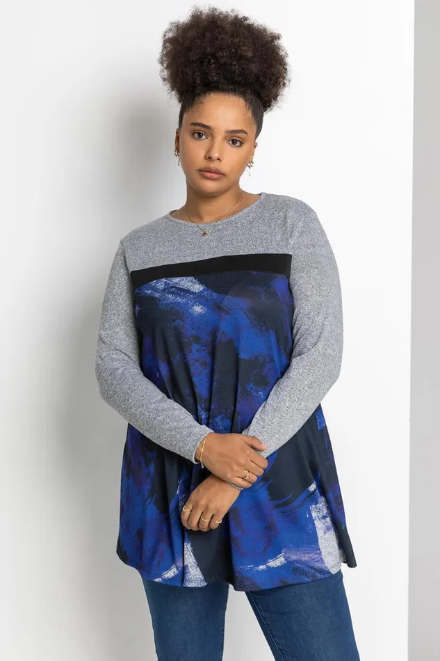 Women Royal Blue Curve Abstract Print Contrast Top Roman Tops