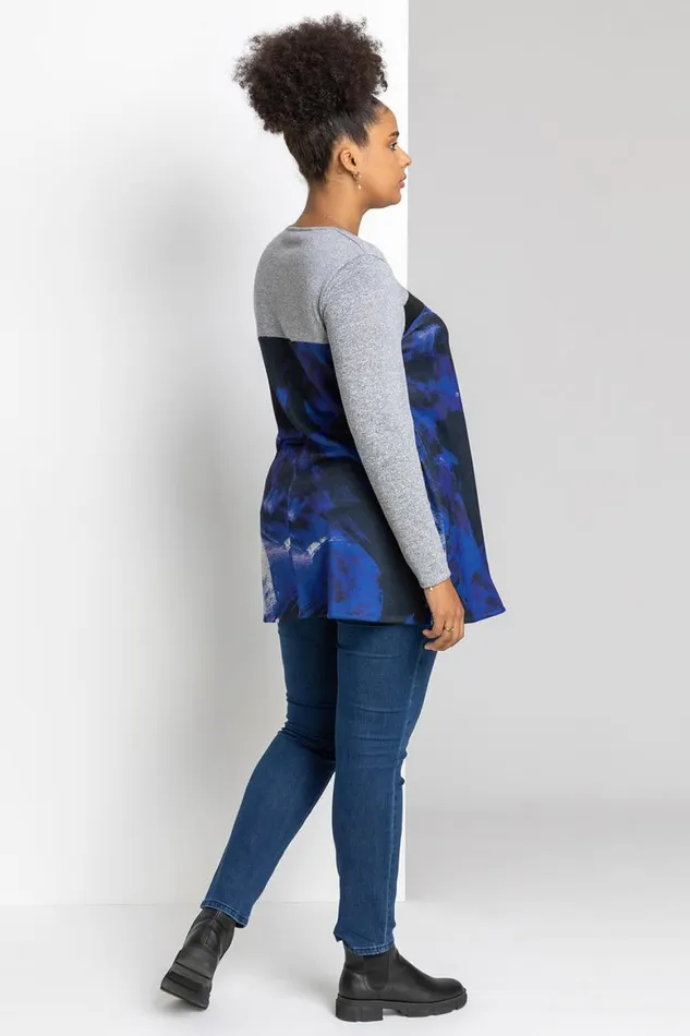 Women Royal Blue Curve Abstract Print Contrast Top Roman Tops