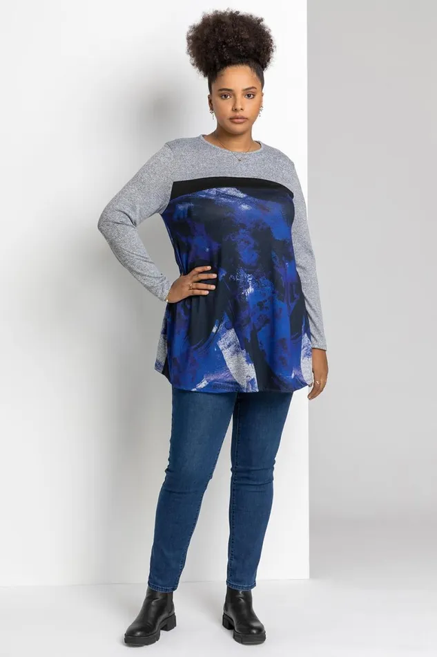 Women Royal Blue Curve Abstract Print Contrast Top Roman Tops
