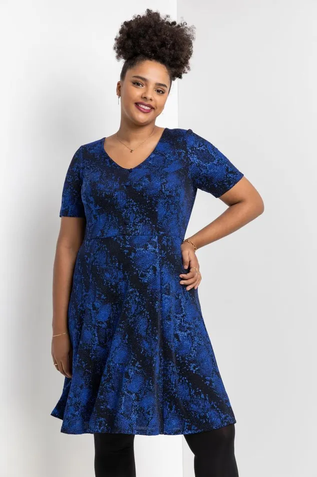 Women Royal Blue Curve Glitter Snake Fit and Flare Dress Roman Dresses