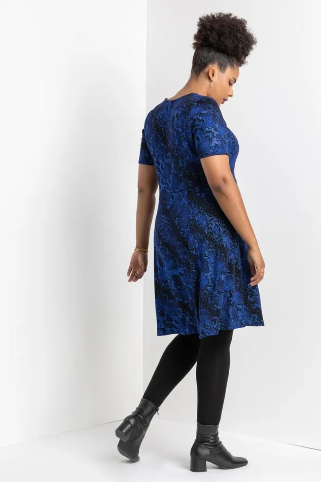 Women Royal Blue Curve Glitter Snake Fit and Flare Dress Roman Dresses