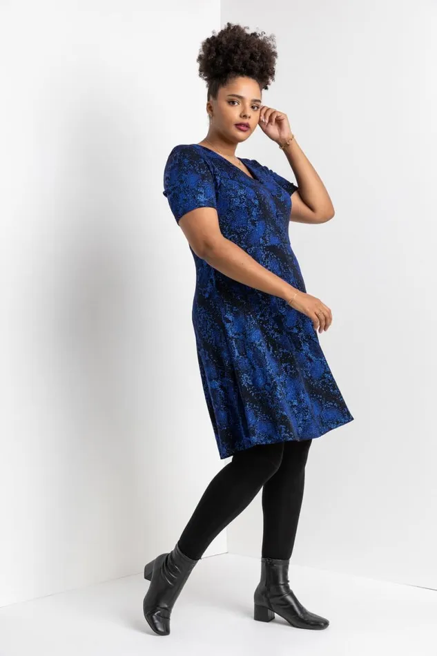 Women Royal Blue Curve Glitter Snake Fit and Flare Dress Roman Dresses