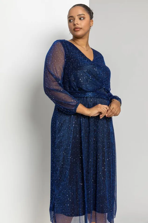 Women Royal Blue Curve Plisse Chiffon Wrap Midi Dress Roman Dresses
