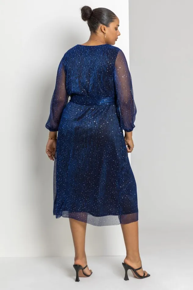 Women Royal Blue Curve Plisse Chiffon Wrap Midi Dress Roman Dresses