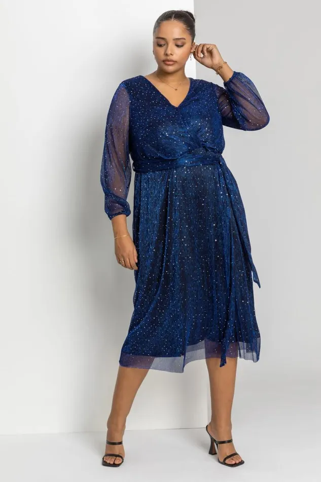 Women Royal Blue Curve Plisse Chiffon Wrap Midi Dress Roman Dresses