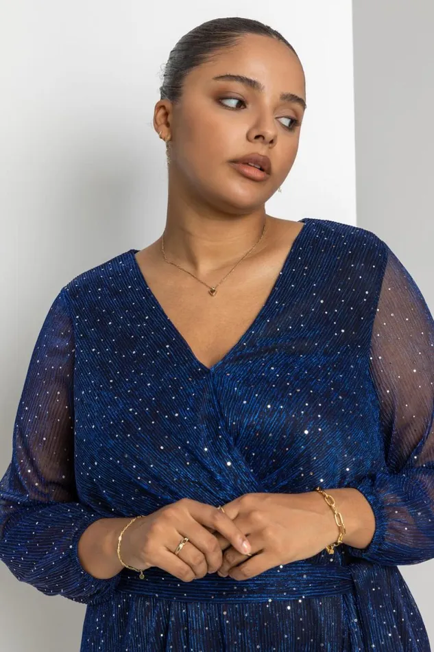 Women Royal Blue Curve Plisse Chiffon Wrap Midi Dress Roman Dresses