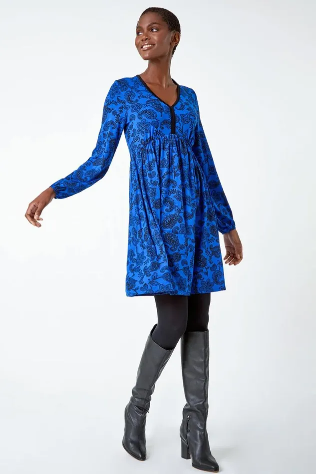 Women Royal Blue Floral Print Stretch Jersey Dress Roman Dresses