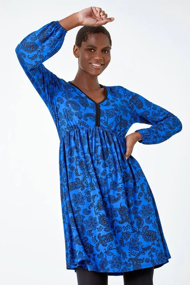 Women Royal Blue Floral Print Stretch Jersey Dress Roman Dresses