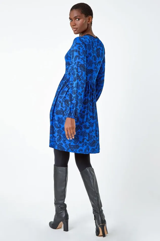 Women Royal Blue Floral Print Stretch Jersey Dress Roman Dresses