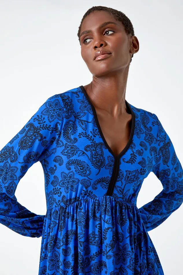 Women Royal Blue Floral Print Stretch Jersey Dress Roman Dresses
