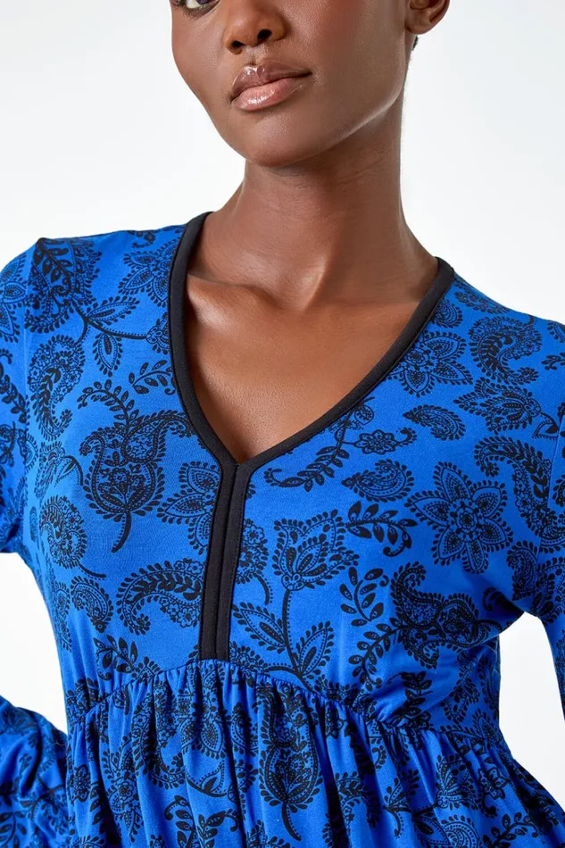 Women Royal Blue Floral Print Stretch Jersey Dress Roman Dresses