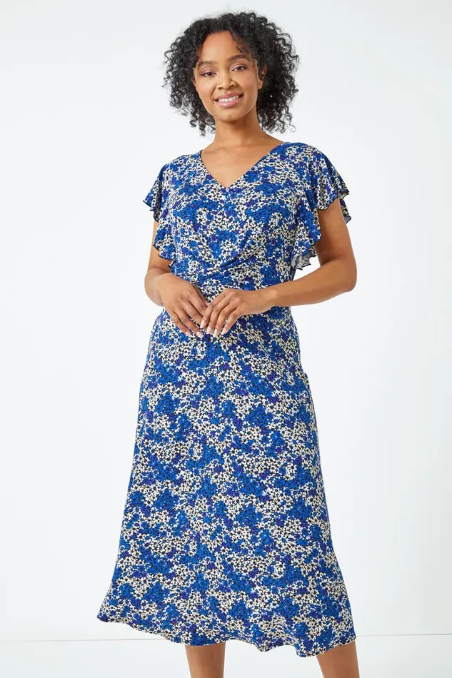 Women Royal Blue Petite Twist Front Floral Dress Roman Dresses