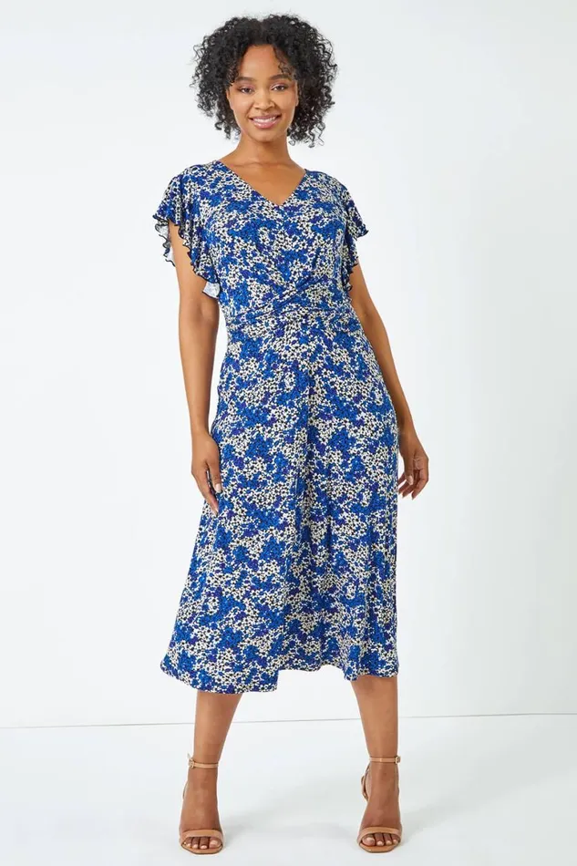 Women Royal Blue Petite Twist Front Floral Dress Roman Dresses