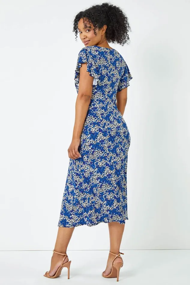 Women Royal Blue Petite Twist Front Floral Dress Roman Dresses