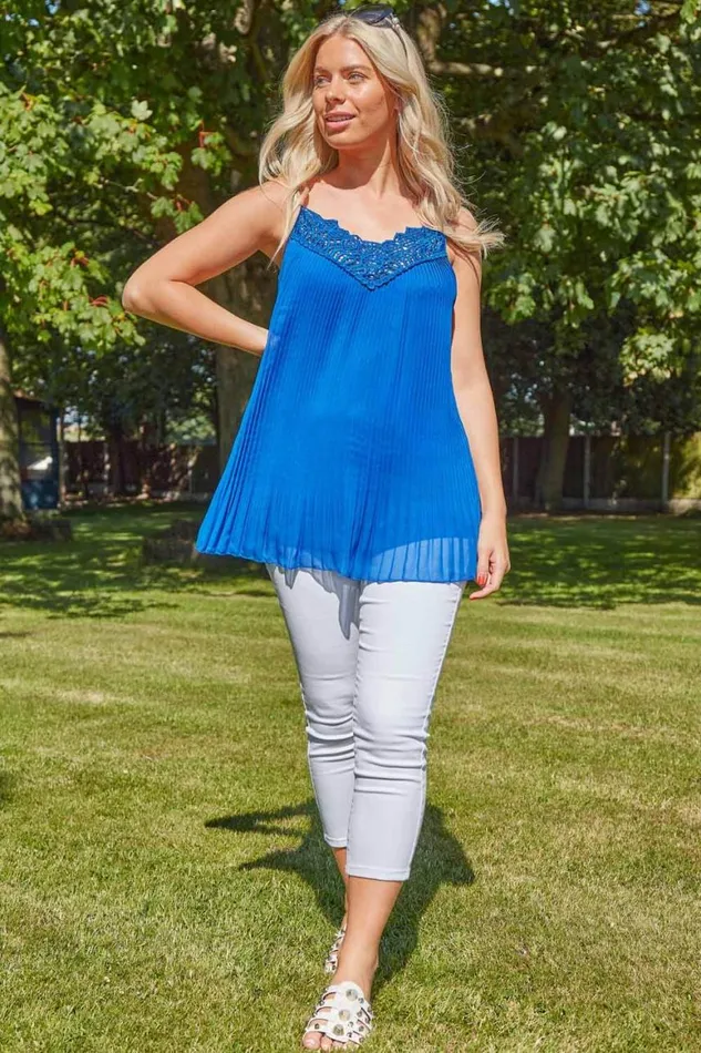 Women Royal Blue Pleated Lace Trim Cami Top Roman Tops