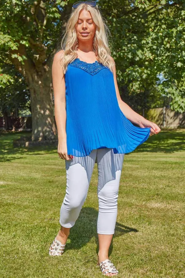 Women Royal Blue Pleated Lace Trim Cami Top Roman Tops