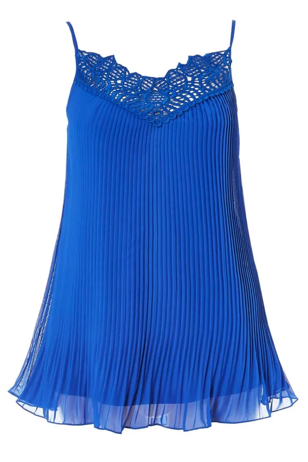 Women Royal Blue Pleated Lace Trim Cami Top Roman Tops