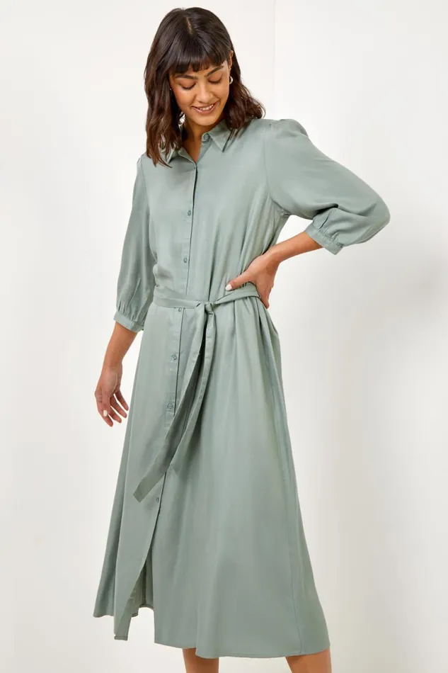 Women Sage Plain Midi Shirt Dress Roman Dresses