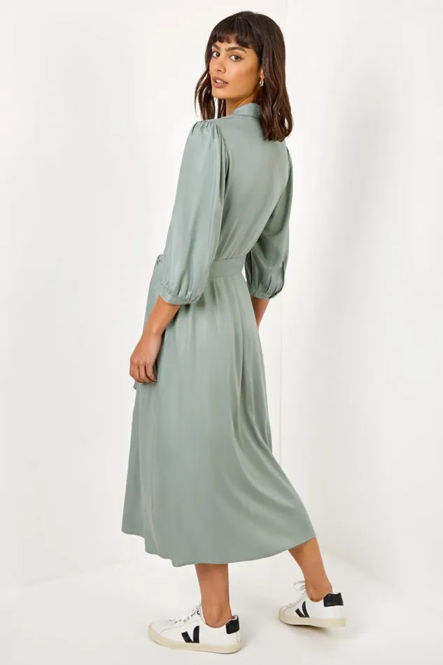 Women Sage Plain Midi Shirt Dress Roman Dresses